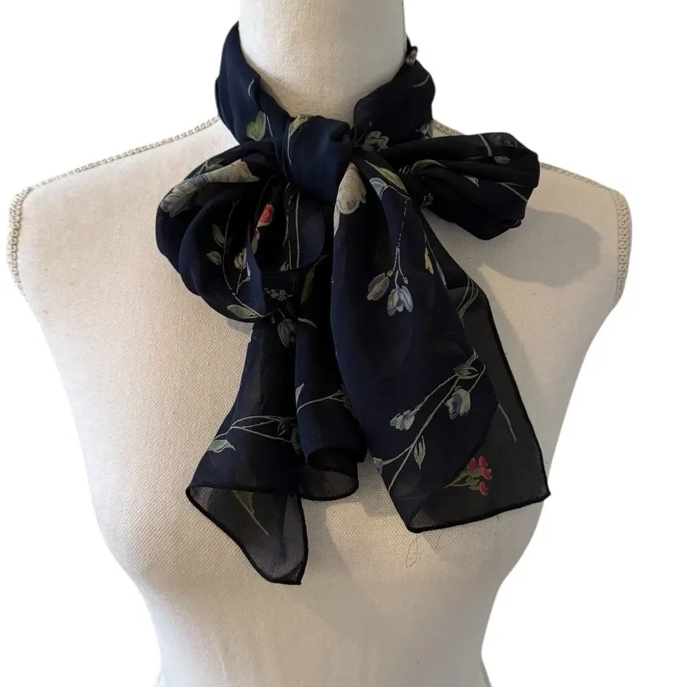 Vintage Silk Chiffon Scarf Navy Blue Floral Print